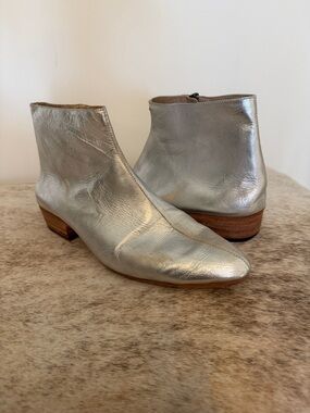 Hand made custom Esquivel Silver Leather Ankle Booties with Low Wooden Heel